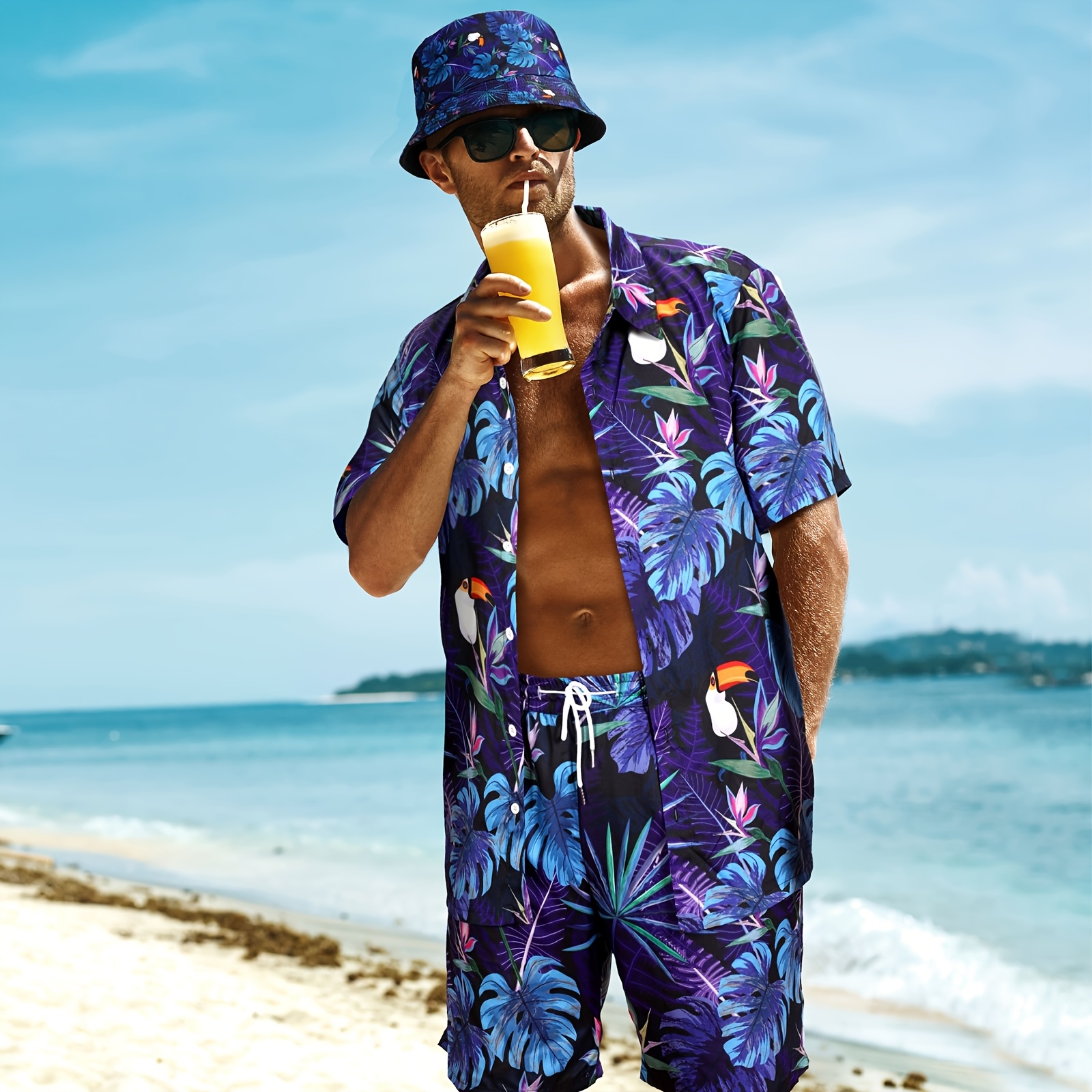 Mens Fashion Beach Shirt And Shorts 4pcs *'s Hawaiian Shirt Shorts