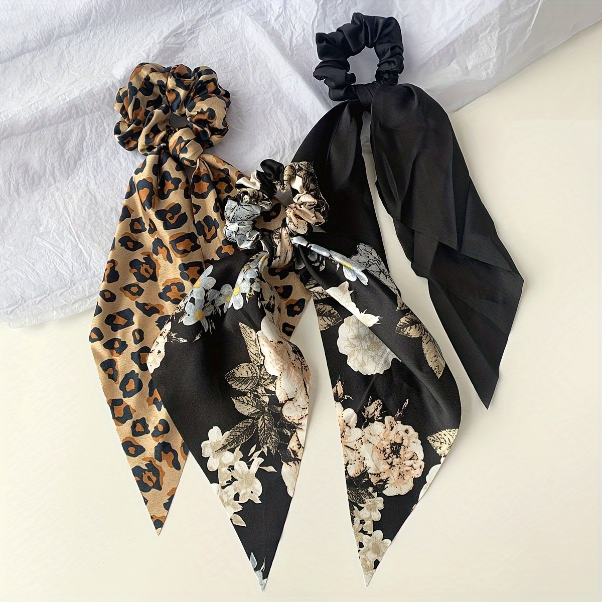 

Elegant Fabric Hair Ties For Women - Set Of 3 Leopard Print Tassel Hair Rings With Detachable Scarf - Ponytail Holders For Girls 14+