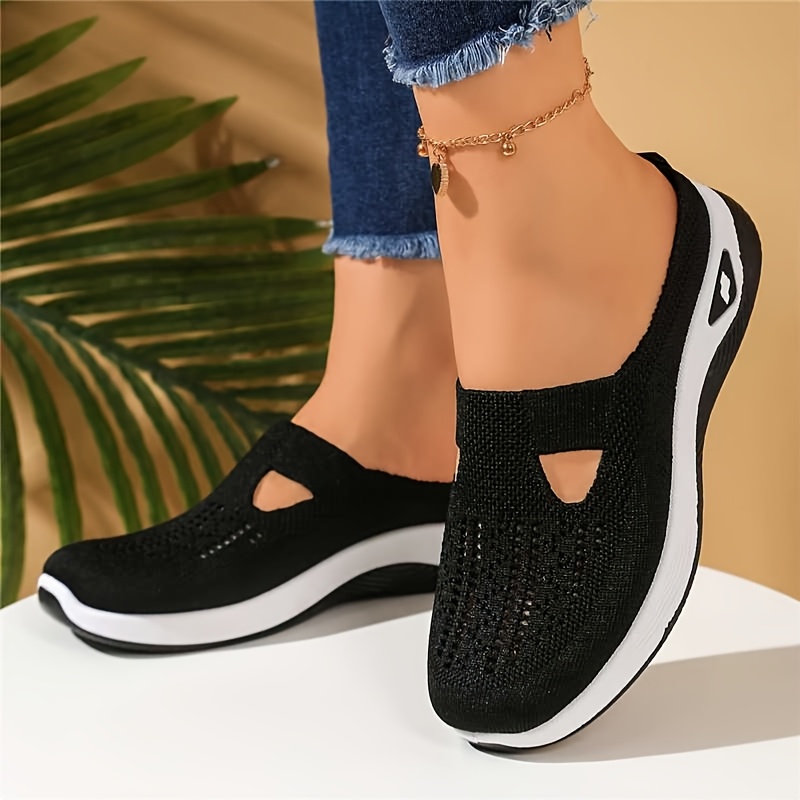 TEMU Women's Casual Walking Shoes, Breathable Knit Mesh Mule Sneakers, Lightweight Comfortable Backless Athletic Shoes, Wedge Platform Loafers For