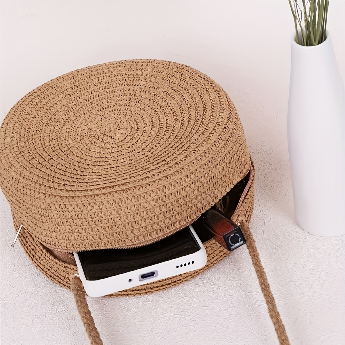 

1pc Nylon Crossbody Straw Bag With Polyester Lining - Casual , Handle Strap For College & Going Out - Beach-ready Summer Seaside Accessory, Beach Bag