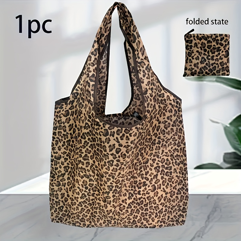 Large Capacity Portable Lightweight Shopping Bag With Leopard Print Pattern, Foldable For Outdoor Camping And Travel, Perfect As A Tote Bag