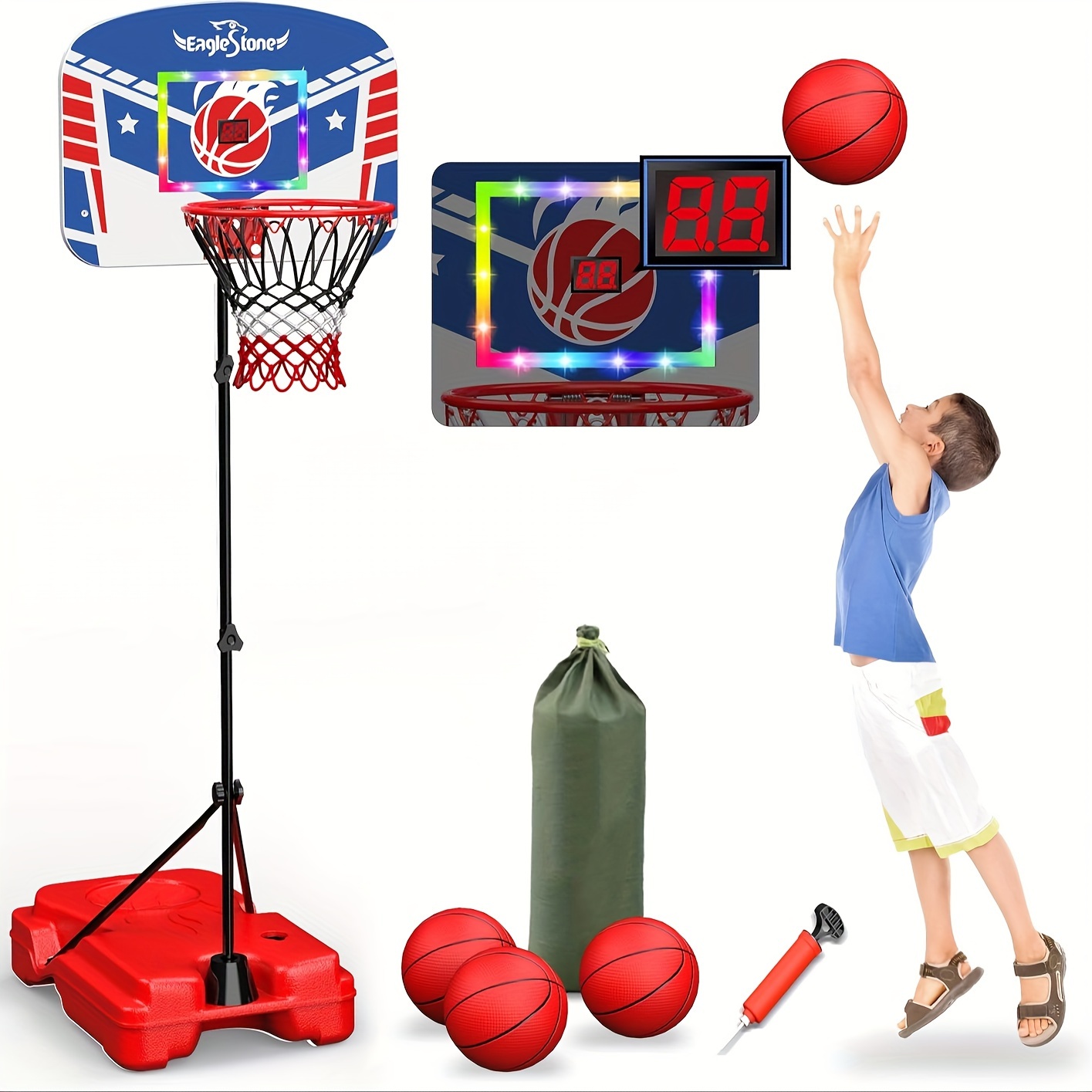 

Eaglestone Kid Basketball Hoop Indoor, Basketball Hoop Toddler Adjustable Height 2.9ft-6ftled With Lights & Scoreboard, Mini Hoop Outdoor With 3 Balls, Basketball Toy Gifts For 3-12 Year