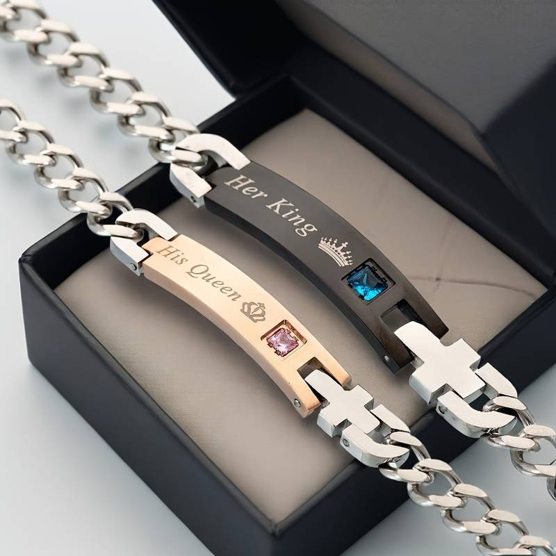 His & Hers Couples Necklace And Bracelet Set - Stainless Steel With CZ Accents