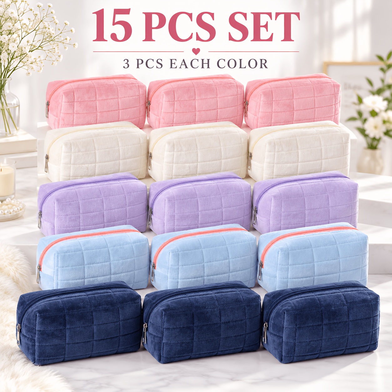 TEMU 15pcs Makeup Bags, Large Capacity Grid Zipper Cosmetic Storage Bags, Multi-functional Portable Travel Skincare Toiletry Bag, High Aesthetic