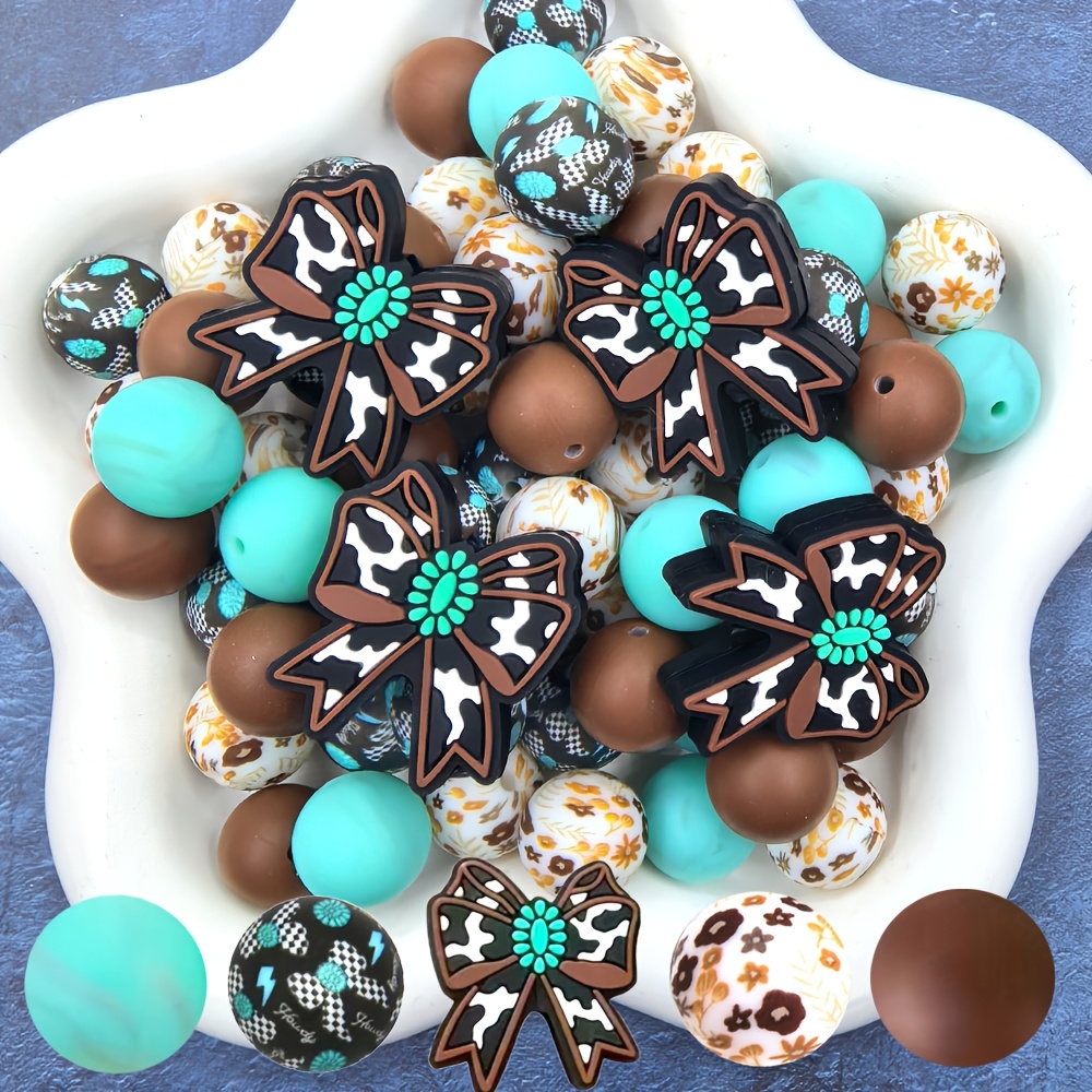 TEMU 25 Silicone Beads, Brown Bow Cow Design, Including 15mm Turquoise Print Silicone Beads, Bohemian Style, Suitable For Jewelry Decoration And Bead