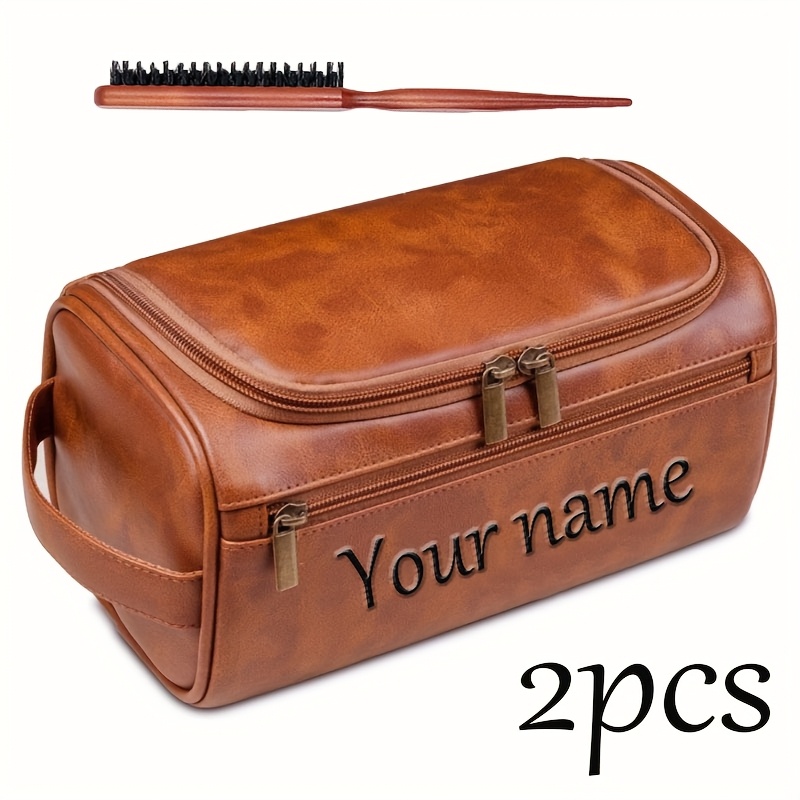 TEMU 2pcs Toiletry Bag + Beard Brush Custom Laser Engraved Men's Wallet And Toiletry Bag Set - Personalized Gift