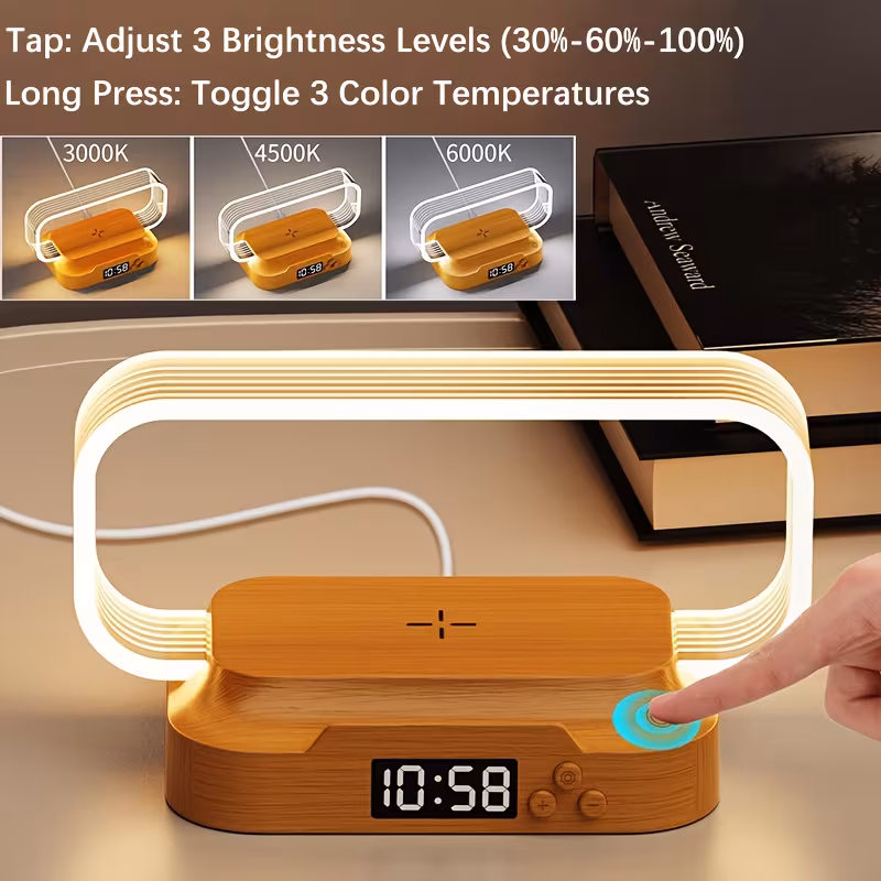 multifunctional wireless charging desk lamp with clock 360 soft light 3 color temperatures 15w fast holder touch control for study office fall decor back to school study lamp desk accessory contemporary lighting plastic construction multifunctional light adjustable brightness professionals remote workers Product details 1