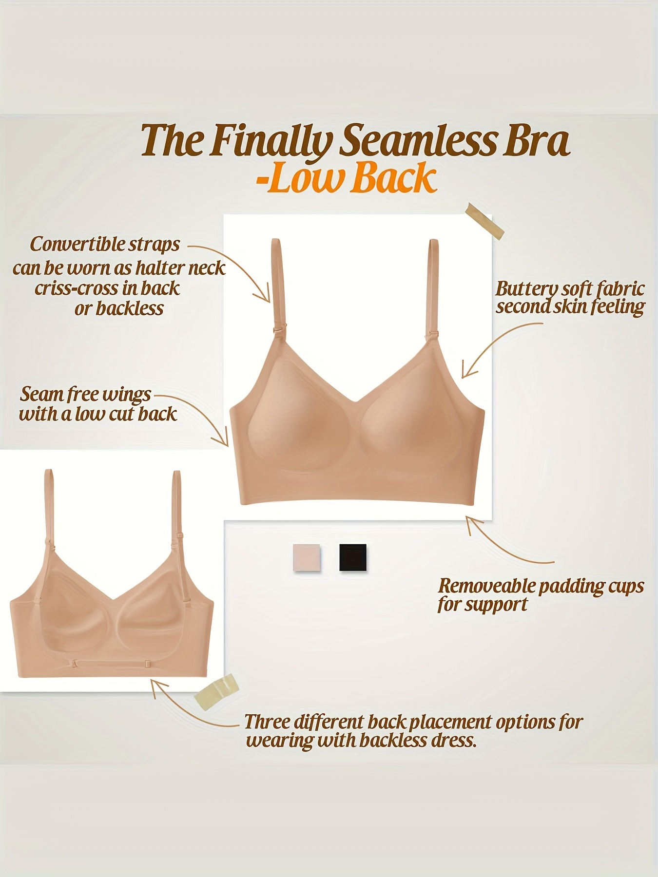 Seamless Backless T-Shirt Bra for Women - Sexy, Wireless with Removable Pads, Nylon & Elastane Blend, Hand Washable