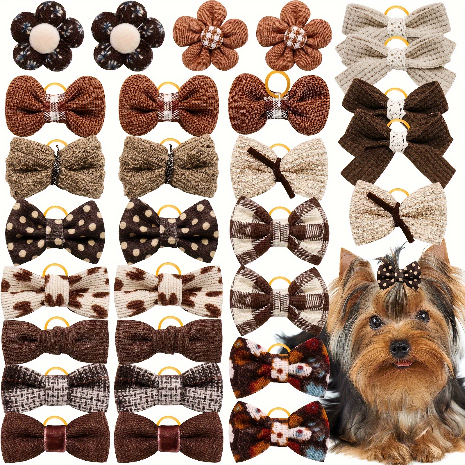 

10pcs Mixed Brown Pet Hair Bows With Rubber Bands, Decorative Floral & Bowtie Designs For Dogs And Cats, Assorted Grooming Accessories For Pets