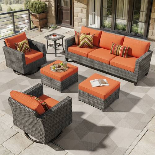 1 2 6pcs outdoor patio furniture set with swivel rocking chairs all weather wicker outside sofa set with high density sponge cushions patio couch conversation set for deck garden balcony decor 6pcs conversation set 2pcs or 1 side table