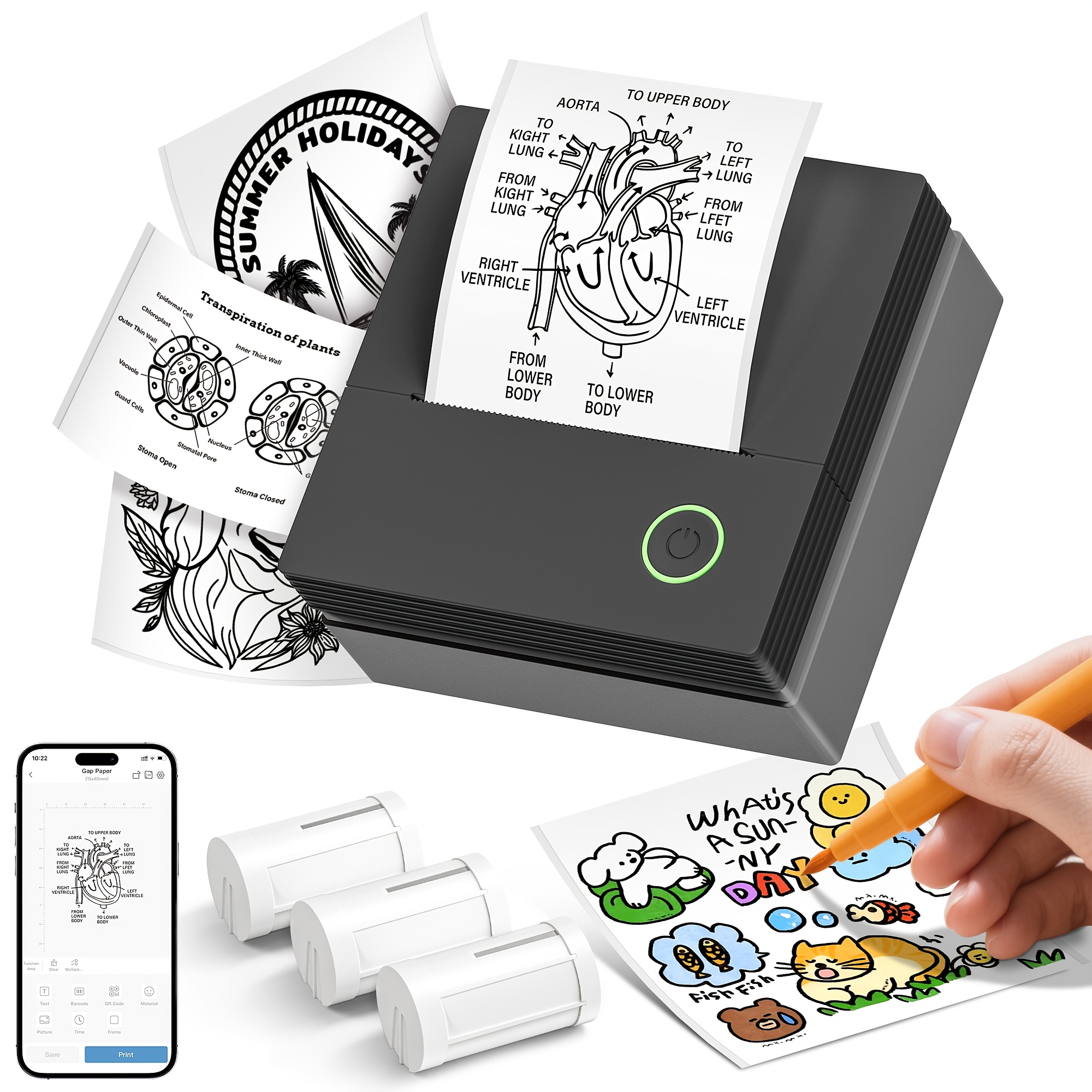 TEMU Portable Wireless Thermal Printer Compatible For Smartphones/tablets - Wireless Mini Pocket Printer With 3 Rolls Thermal Paper, Instant Photo &