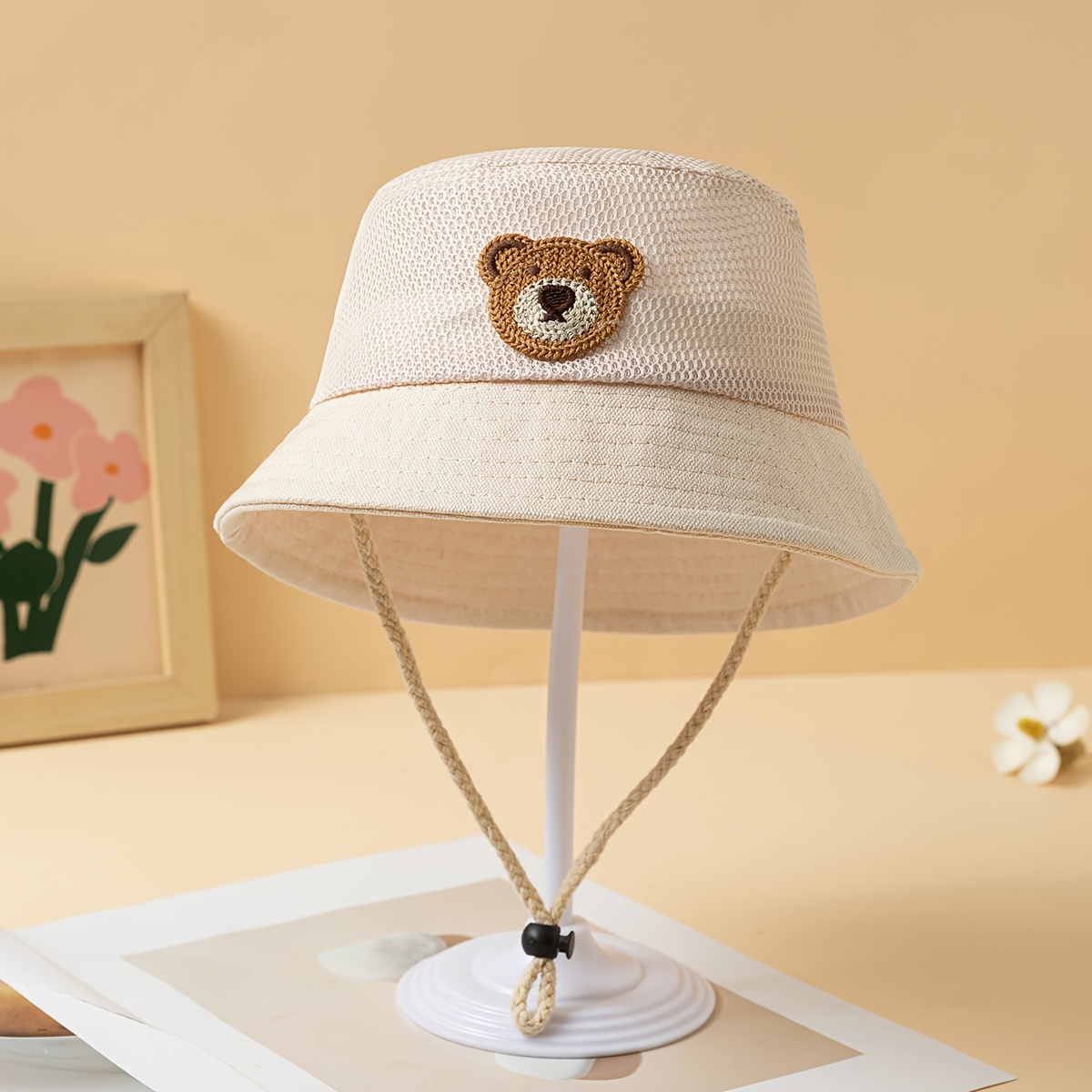 

Hollow Breathable Solid Color Bear Label Bucket Hat, Uv Protection Breathable Sunshade All Seasons Fishing Hat, For Newborn Baby