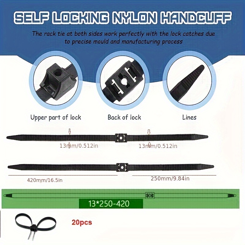 TEMU 20pcs Heavy Duty Cable Zip Ties - Self-locking, High Tensile Strength Black Nylon Wire Ties For Indoor & Outdoor Use, Double Head, Zip Ties