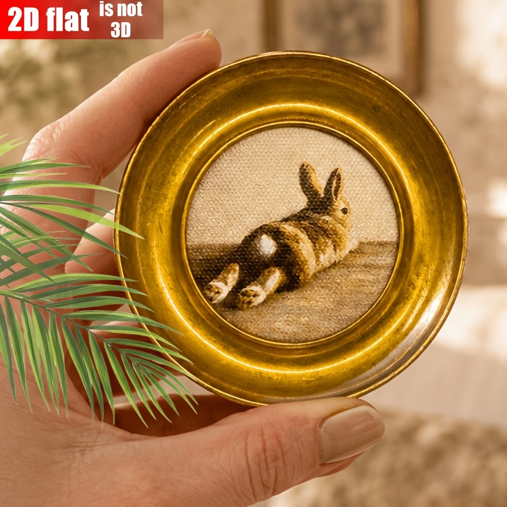 TEMU 2d Flat, 1pc Retro Rabbit Mini Round Canvas With , Countryside Pastoral Style Easter Tabletop Ornament, Retro Animal Mini Gallery Wall Art Gift,