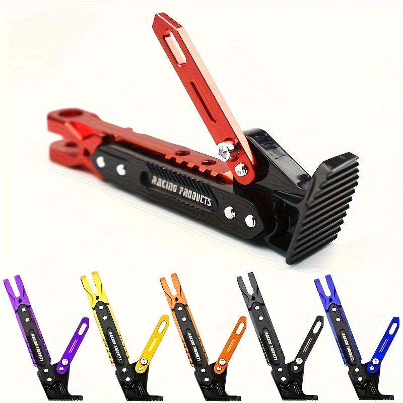 iron construction heavy duty adjustable motorcycle kickstand dual position spring lock solid rear support for off road bikes electric scooters bicycles black with red yellow accents motorcycle accessories