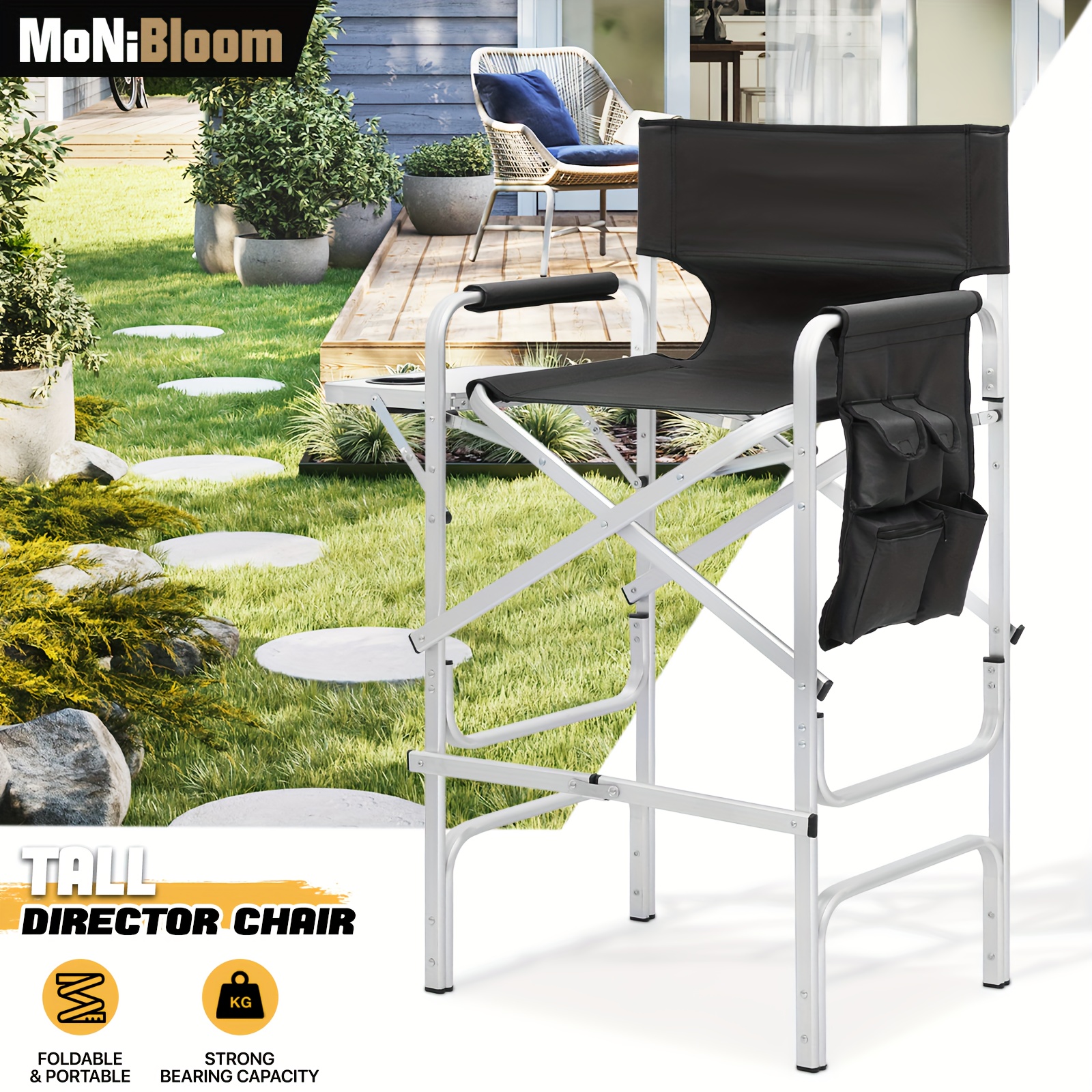 

Monibloom 31-inch Foldable Tall Director Chair Folding Portable Aluminum Frame Makeup , With Side Table, Cup Holder And Pockets, 250lbs Capacity