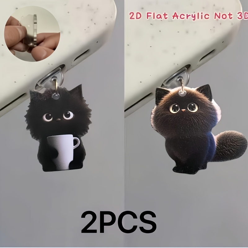 TEMU Juego de 2 tapones antipolvo 2D para teléfono móvil con diseño de gato en taza de té, acrílico, para puerto de carga universal tipo C/iPhone,
