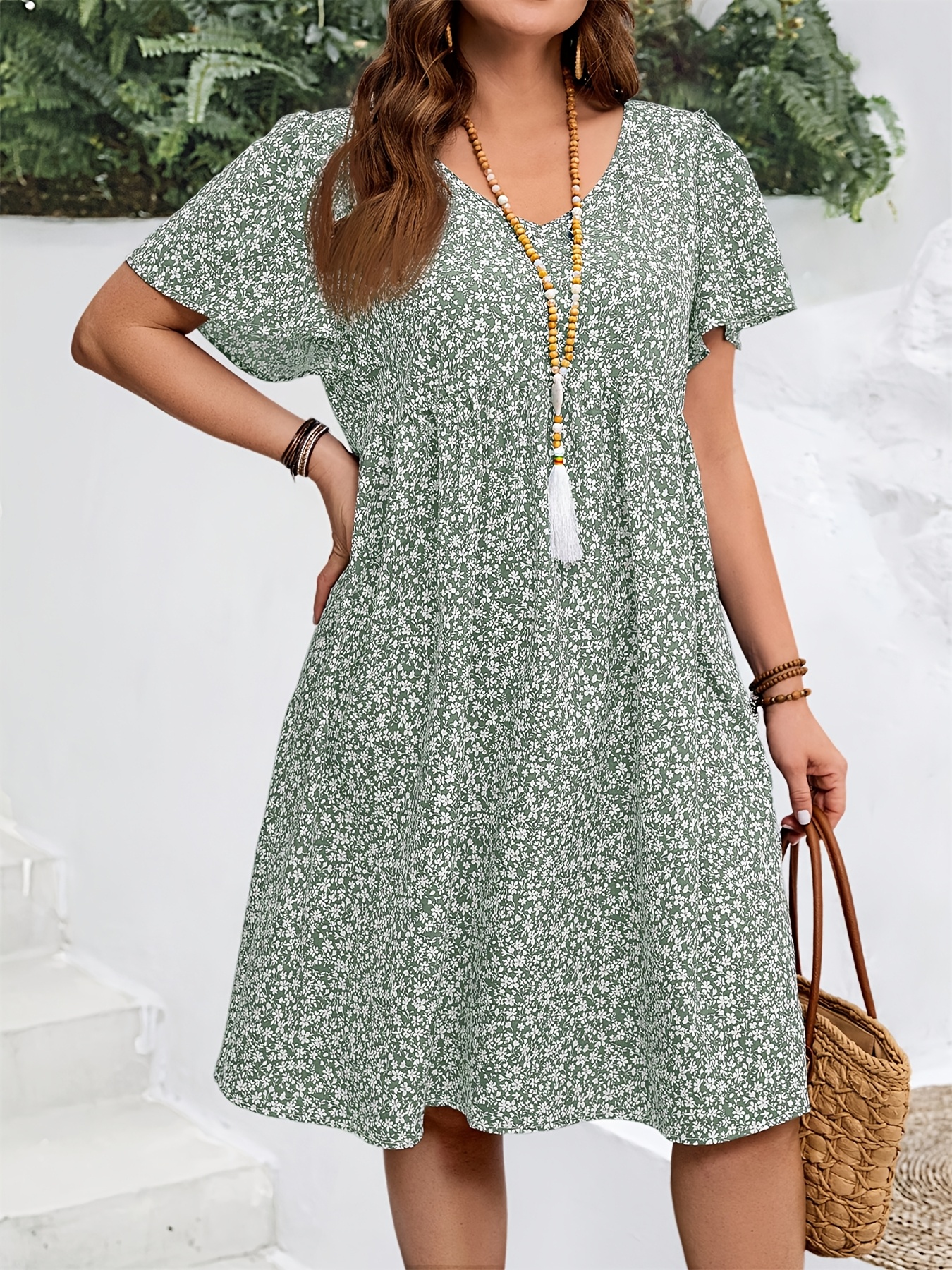 plus size plus size womens loose green short dress summer - Temu Mauritius