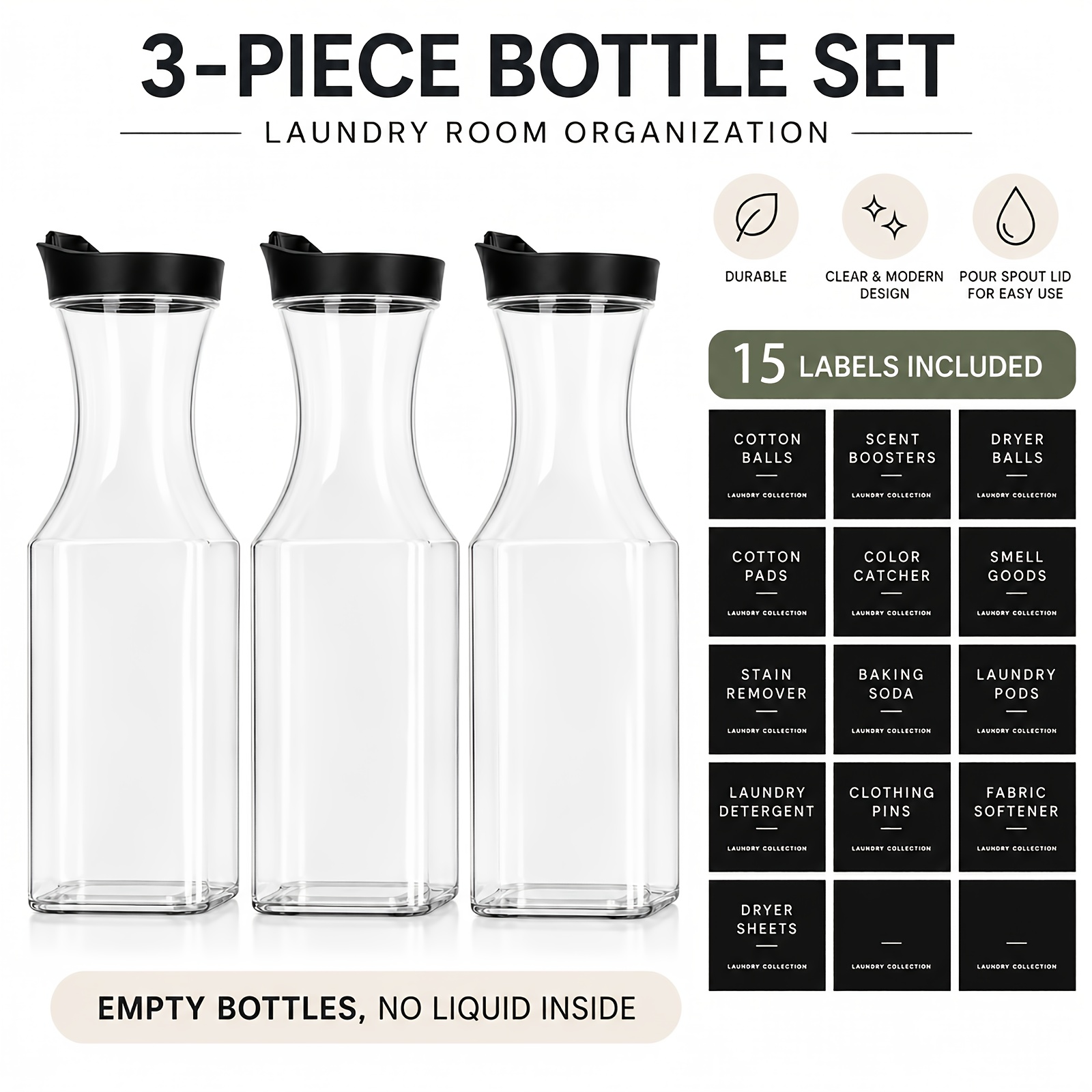 TEMU Bouteilles Vides pour de , Lot de 3 Distributeurs de Savon à Linge en Plastique de 1000 ml avec Bouchons à Bec Versoir et 15 Étiquettes pour le