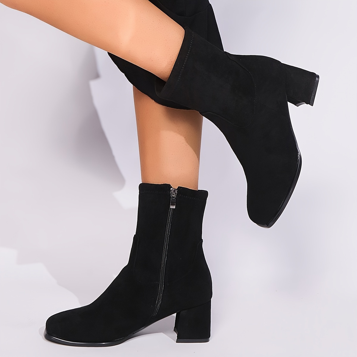 

Elegant Mid-calf Boots For Women, Solid Color, Heel, Square Toe, Zipper Closure, Fabric Upper/inner, , High Heel, For , Dress , European Special From