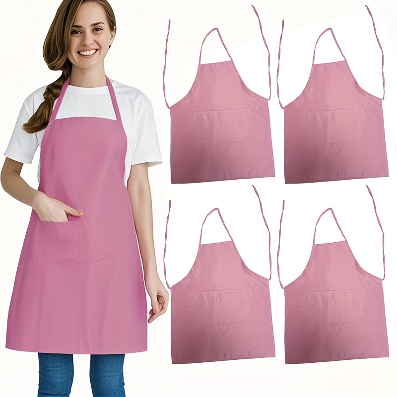 TEMU 4pcs Pink Long-sleeve Aprons With 2 Pockets, 22.8x27.6 Inches - Durable Polyester, Ideal For Cooking, Baking, Gardening & Cleaning - Perfect For