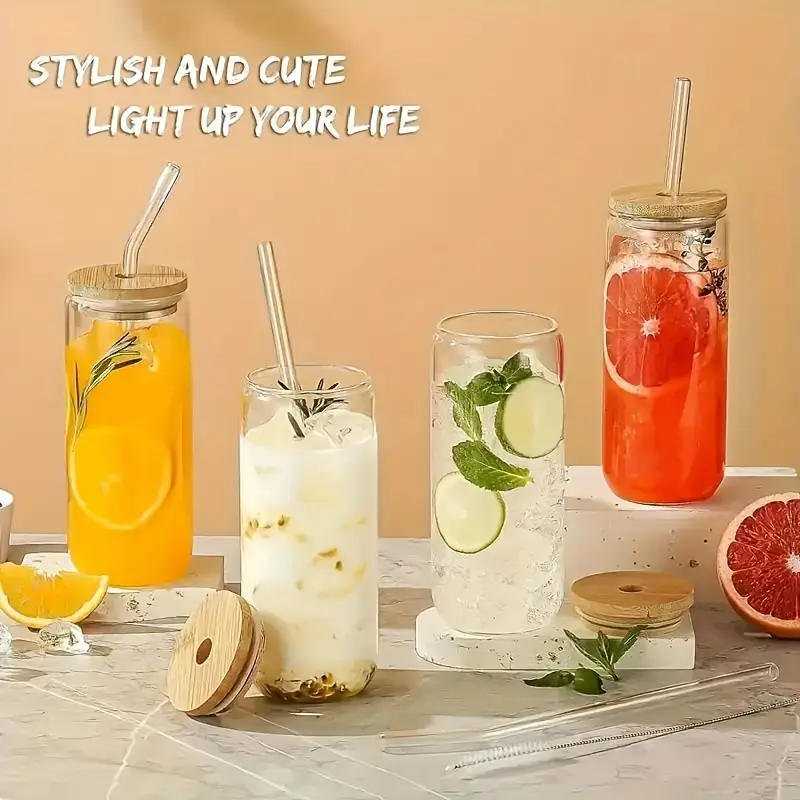 8 pack glass with bamboo lid glass straw set gift cleaning brush 16oz drinking cup in can iced coffee cup cute anti travel exercise hydration christmas halloween dinner Product details 2
