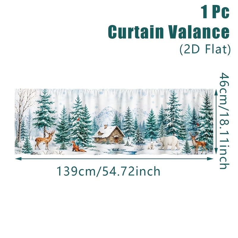 TEMU 2d Flat, 1pc Contemporary Sage Green Christmas Valance Curtain With Santa Claus, Snowman & Reindeer Patterns - Semi-sheer Window Drapes Suitable