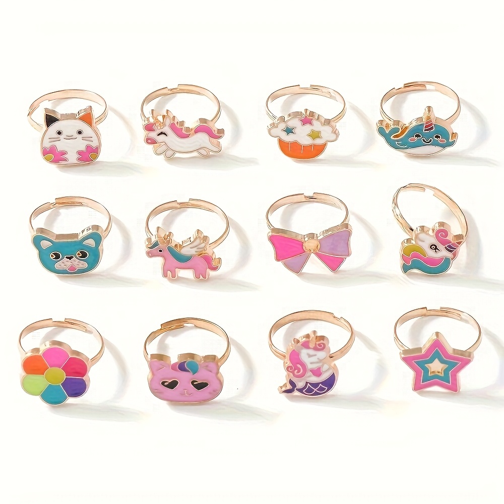 TEMU Lot de 12 bagues ouvertes à motif dessin animé pour filles : licorne, chat, nœud, fleur multicolore, bagues réglables, bijoux de style pour
