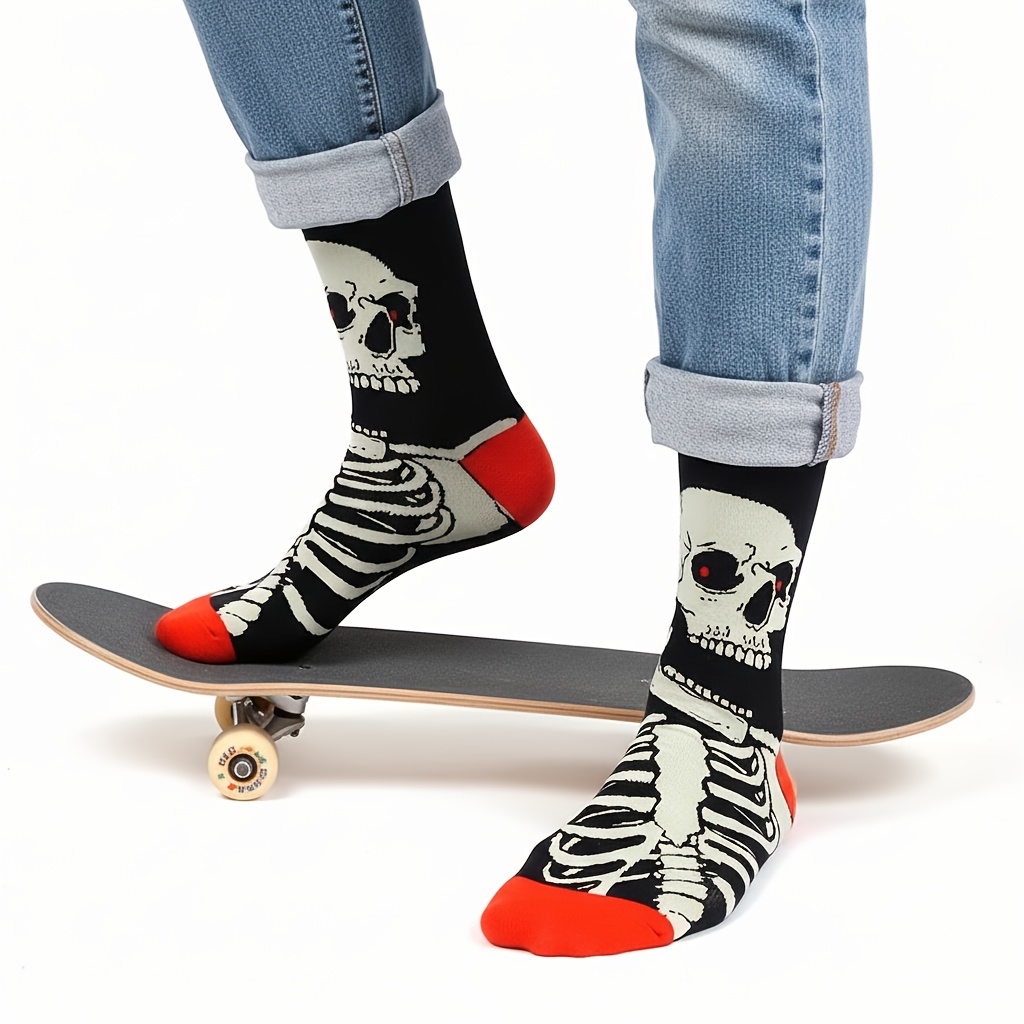 Image of 1 Pair Of Men's And Women's Trendy Mid-calf Socks, Style, Skeleton Print Couple Socks, Sports Outdoor Running Socks