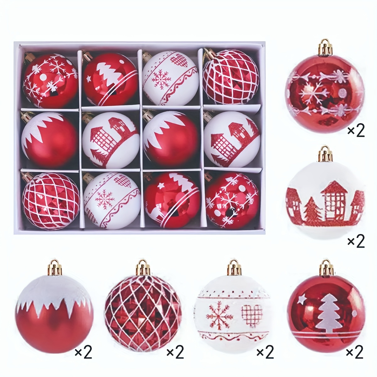 TEMU 12pcs, 6cm/ 2.36 Inch Red And White Christmas Balls Decorations, Mixed Shapes And Colors Plastic Christmas Ornaments, Holiday, Wedding And Party
