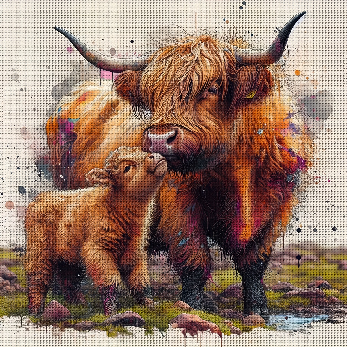 TEMU 1pc 30x30cm/11.8x11.8/40x40cm/15.7x15.7 Inch Highland Cow Mother And Child Kissing Pattern Cross Stitch Kit, 11ct/14ct Printed Cross Stitch Kit,