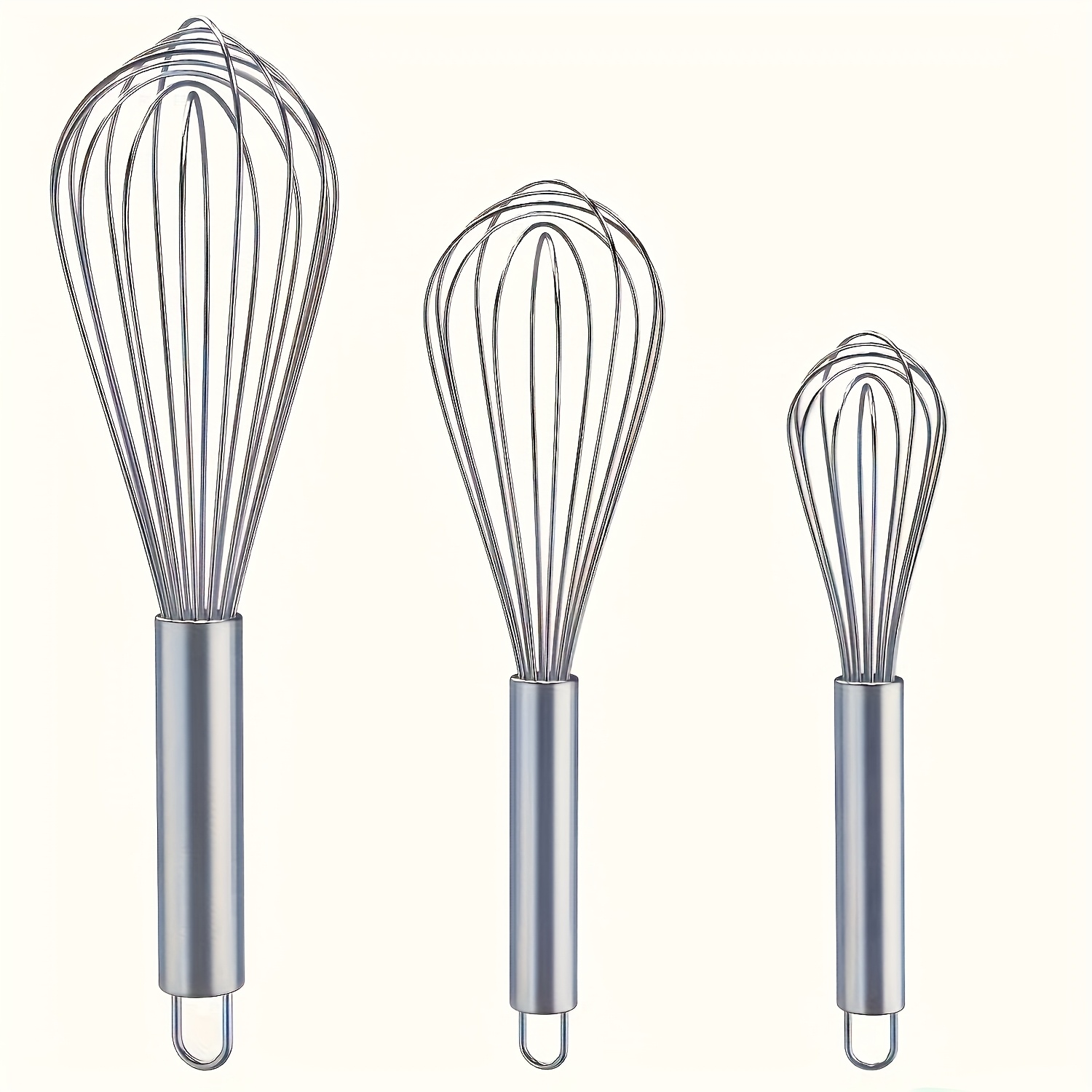 A Set of 3 Stainless Steel Whisks - Manual Kitchen Mixers Suitable for Blending, Whipping, And Stirring - a Bubble Whisk Set Designed for Enhanced Durability, Food-Grade, Easy to Clean, Ergonomic Design - No Batteries Required.
