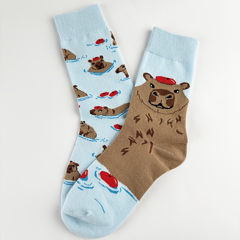 Image of 1-pair Asymmetric / Animal Capybara Socks - Cute Capybara, Mid-calf Length, Hand Washable, Comfortable Capybara-themed Socks Suitable For Daily Wear & Capybara Events (ideal Gift)