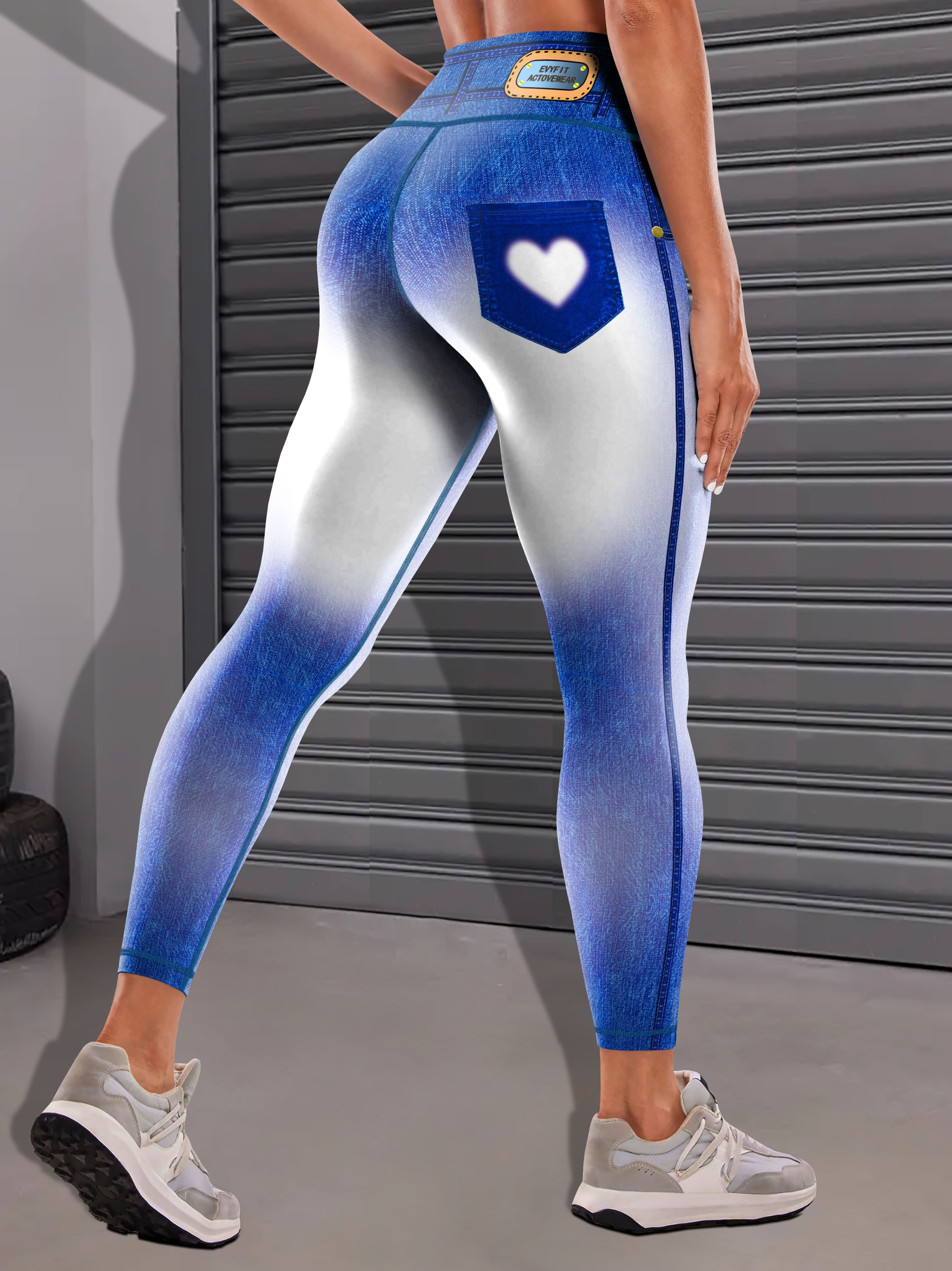 Innerwin Look Print Jeggings Butt Lifting Women Denim Printed Leggings  Sport Tummy Control Slim Fit Capri Fake Jeans Blue L 