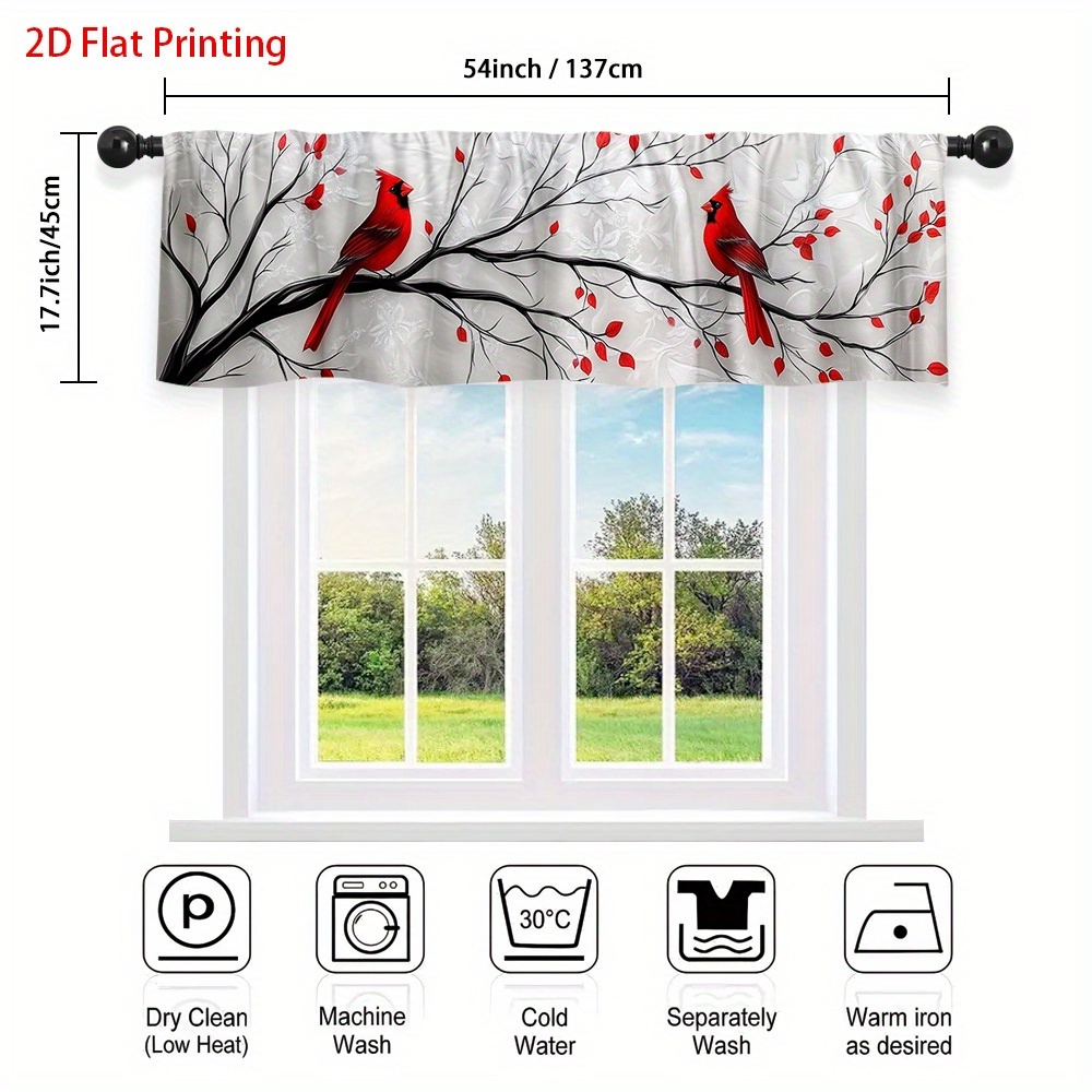 TEMU 2d Flat, 1pc Bird & Berry Branch Curtain Valance With Red On White - Semi-sheer Window Valance Panel, Rod , Machine Washable Fabric For Kitchen,
