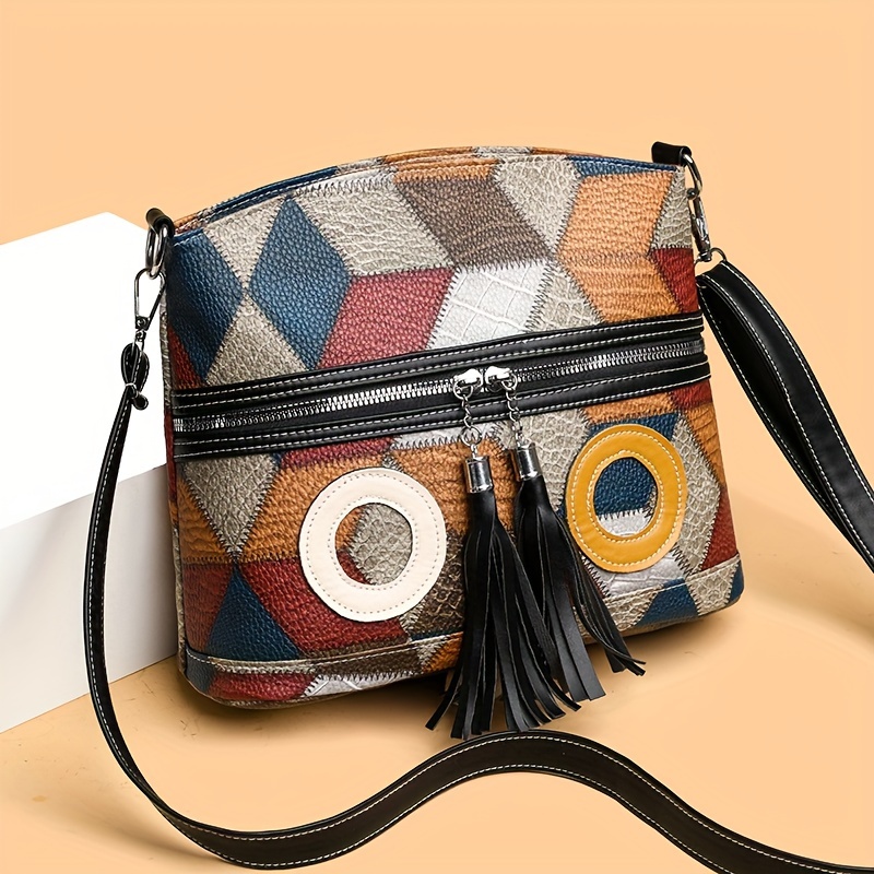 

Stylish & Versatile Large Capacity Shoulder Bag, Colorful Geometric Pattern Worn Diagonally Or Carried By Hand, Suitable For Daily Commuting, Work, And Travel