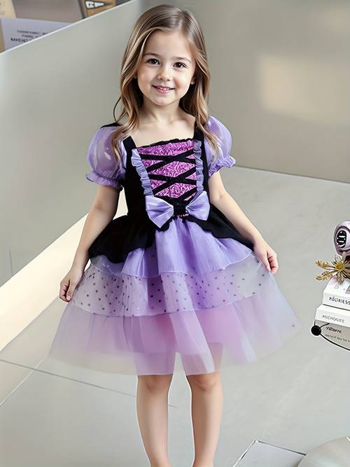 vestido elegante de meninas com s puff e de tule de - decote quadrado para festas, casamentos e aniversários, vestido de e comprimento no joelho para crianças, uso todo o ano (sem necessidade de acessórios)