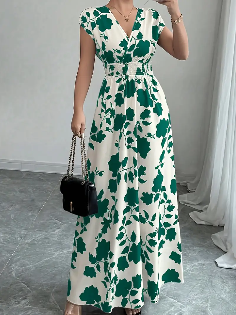 Elegante vestido largo de flores rosas con cuello y cortas Silueta de línea A que cintura ceñida para */otoño,