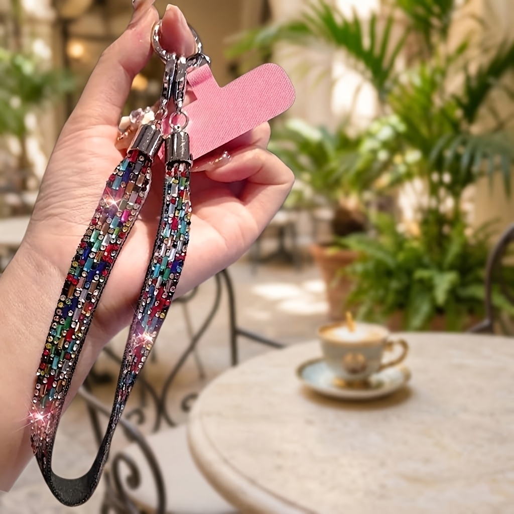 TEMU Lanière de téléphone portable large à paillettes, courte, tendance, , haut de gamme, bracelet de poignet, chaîne de voyage air