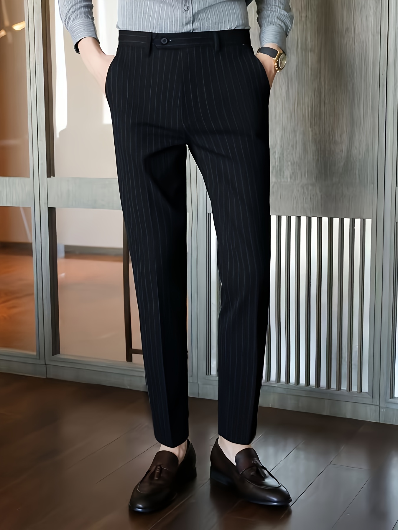 1pc Men'S Classic Striped Dress Pants, Polyester Slim Fit Business Casual Trousers with Zipper, Slight Stretch Woven Fabric, Regular Length Skinny Pants for Fall/Winter