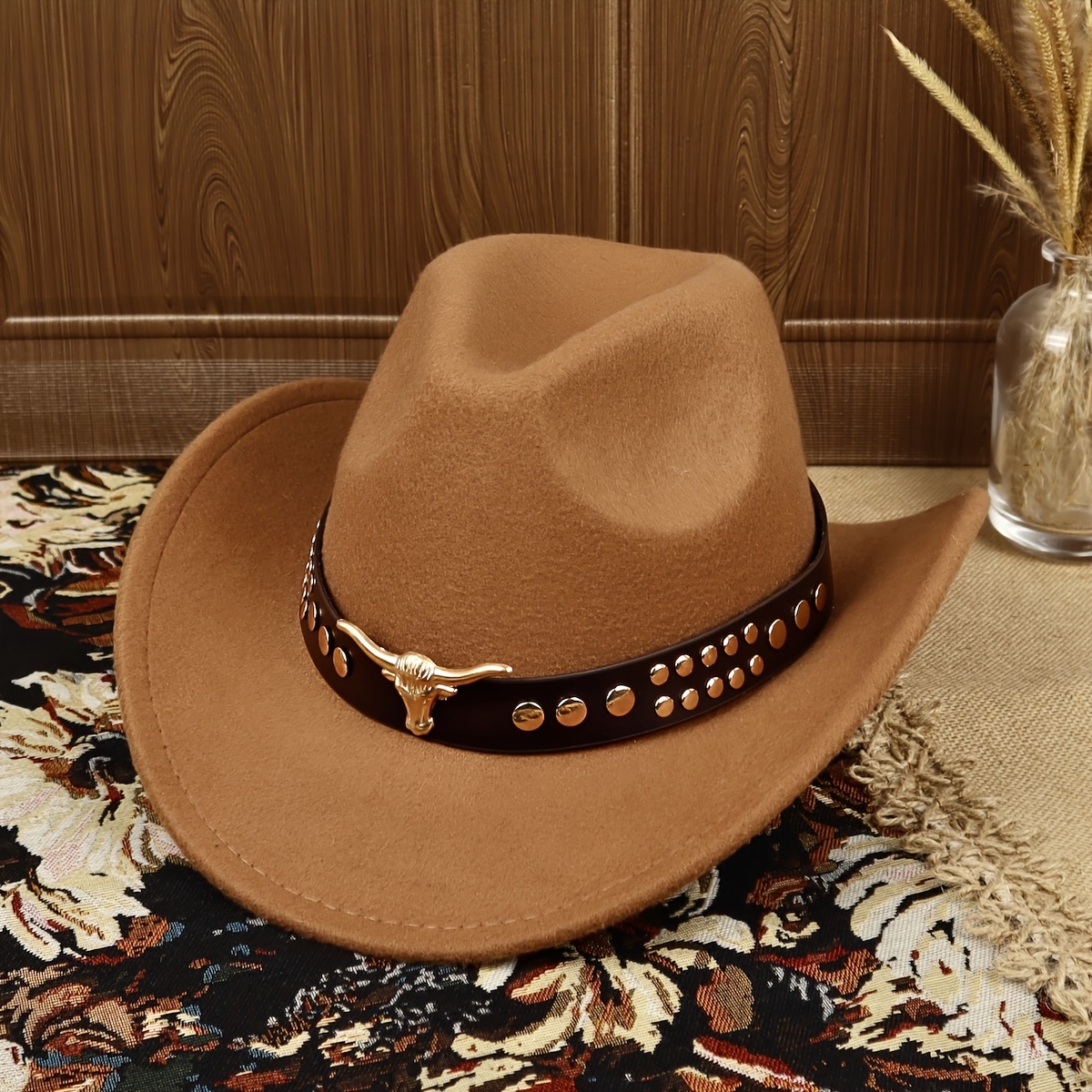 TEMU Sombrero de vaquero estilo western vintage de 1 pieza para - con remaches de y lámina de con estructura reforzada, incrustación de cabeza de ,