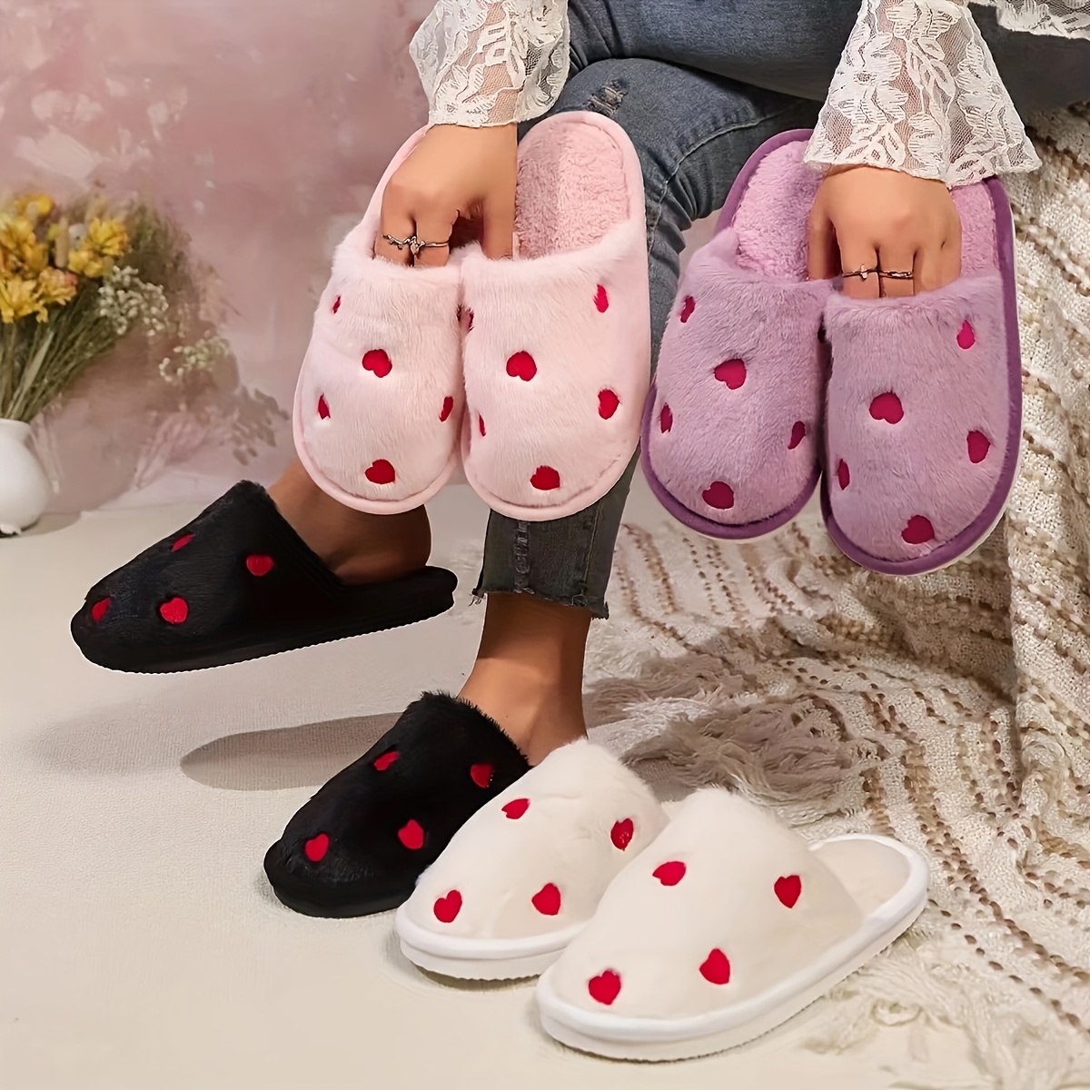 

Women's Embroidered Heart Rabbit Fleece Slippers, Non-slip Cotton Indoor Warm Slip-on Shoes, , Hand Wash Or , , Fabric Outer, Fleece Lining, Eva Sole, Fleece Insole, Position Print