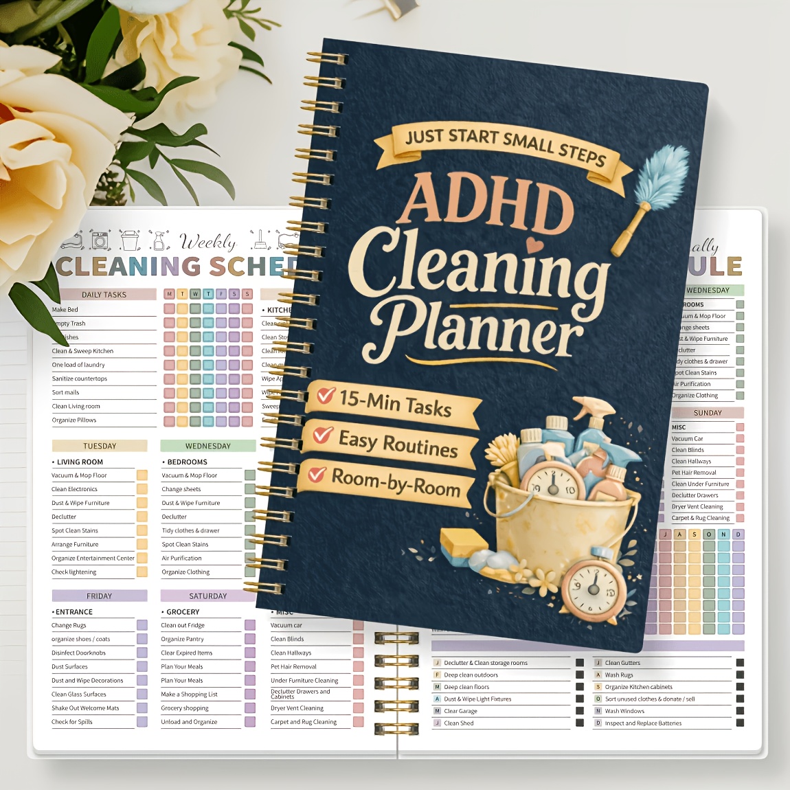 spiral bound cleaning planner designed for adhd individuals featuring a       daily weekly monthly and yearly cleaning task   assisting households offices and  