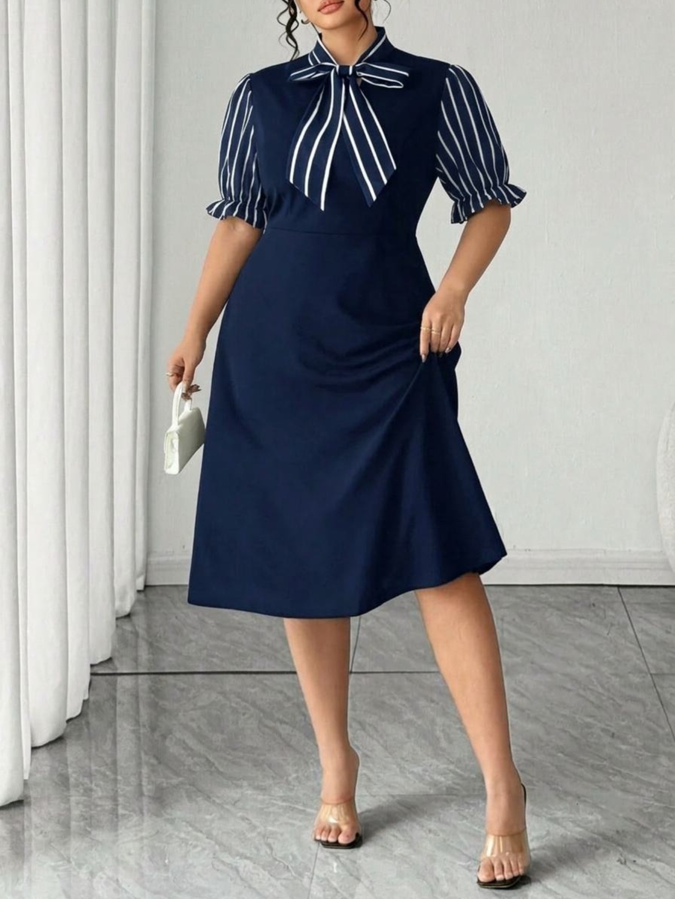 chinese dress ladies Plus Size V-neck Lace Bodice A-line Dress with Pockets