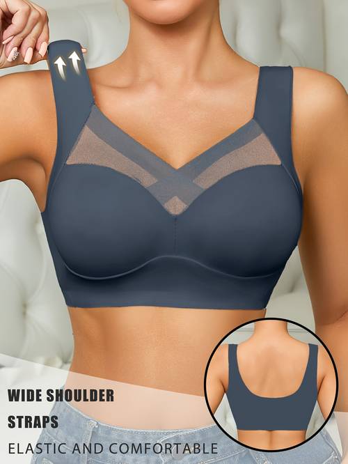 1pc womens elegant lace sports bra push up wire free non marking breathable mesh underwire suitable for fitness full coverage non detachable padded cups machine washable solid color lace bra for lingerie