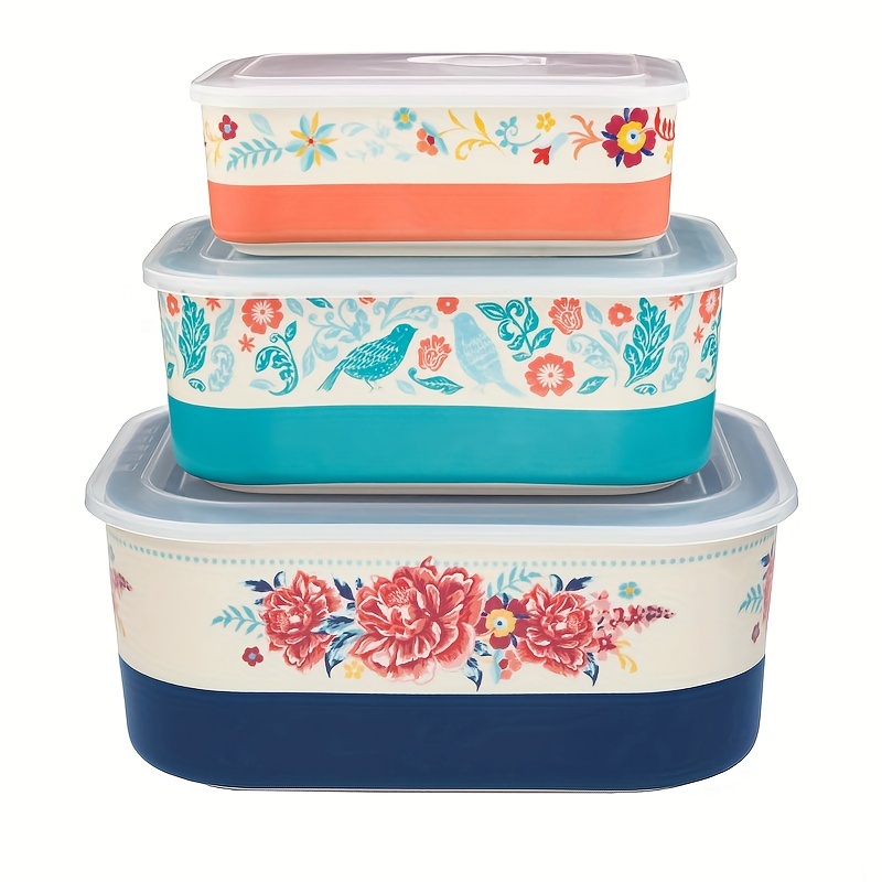 

6pcs Floral Rectangular Ceramic Nesting Bowl Set With Lid - Durable And Stylish For Prepping, Storing, And Serving