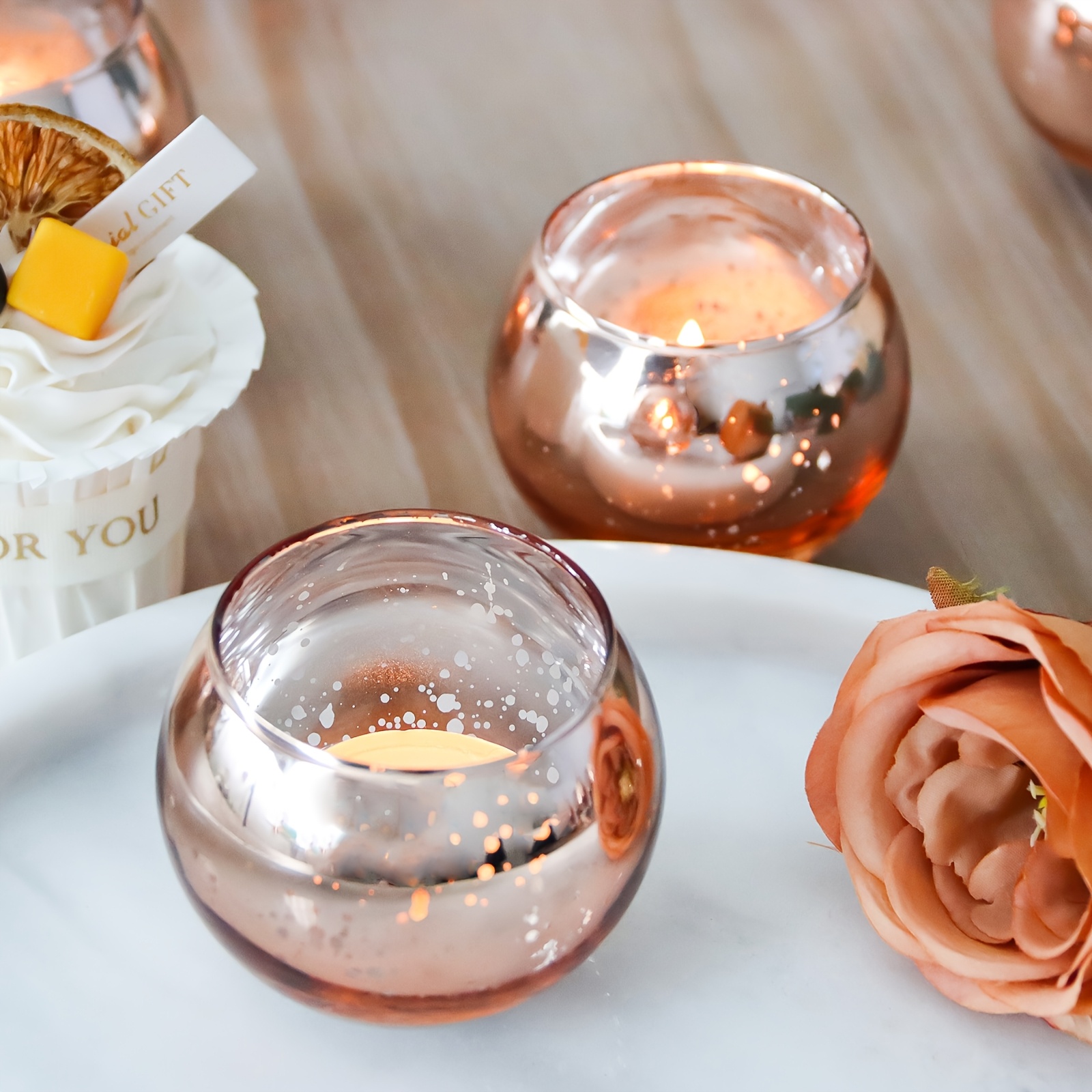 Image of Set Of 2 -shaped Glass Candle Holders, Featuring Electroplated Engravings, Perfect For Tea Or Parties, In Mini Sphere Designs Of Golden, Silvery, And Golden, Christmas, Halloween