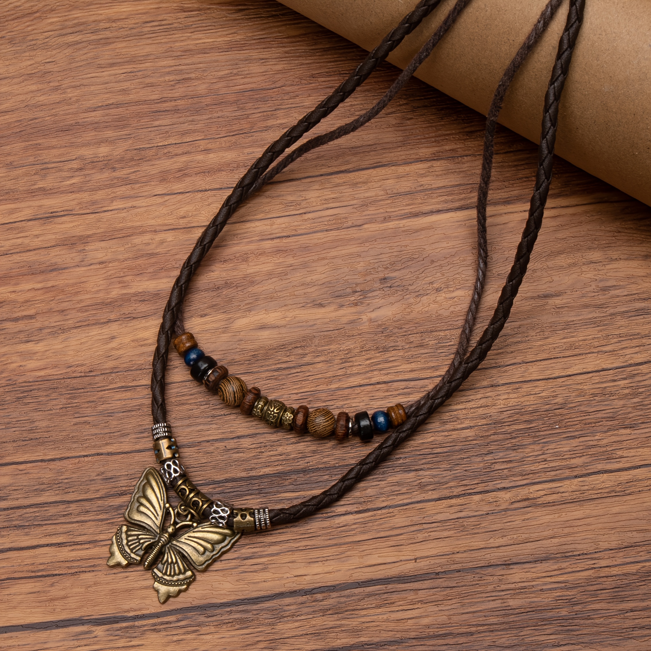 TEMU 1pièce Collier de perles en bois réglable vintage fait main avec pendentif papillon en alliage de - Design Boho Chic pour un usage , un tenue