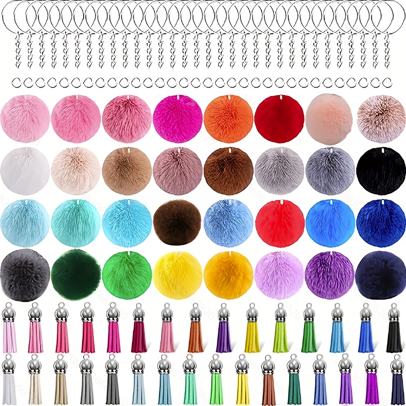TEMU 160pcs Plush Ball Keychain Set, Artificial Plush Ball Keychain Accessories, Including 32 Plush Balls, 32 Keychains, 32 Tassels, And 64 Jump Rings Diy Plush Ball Keychain Set Gift