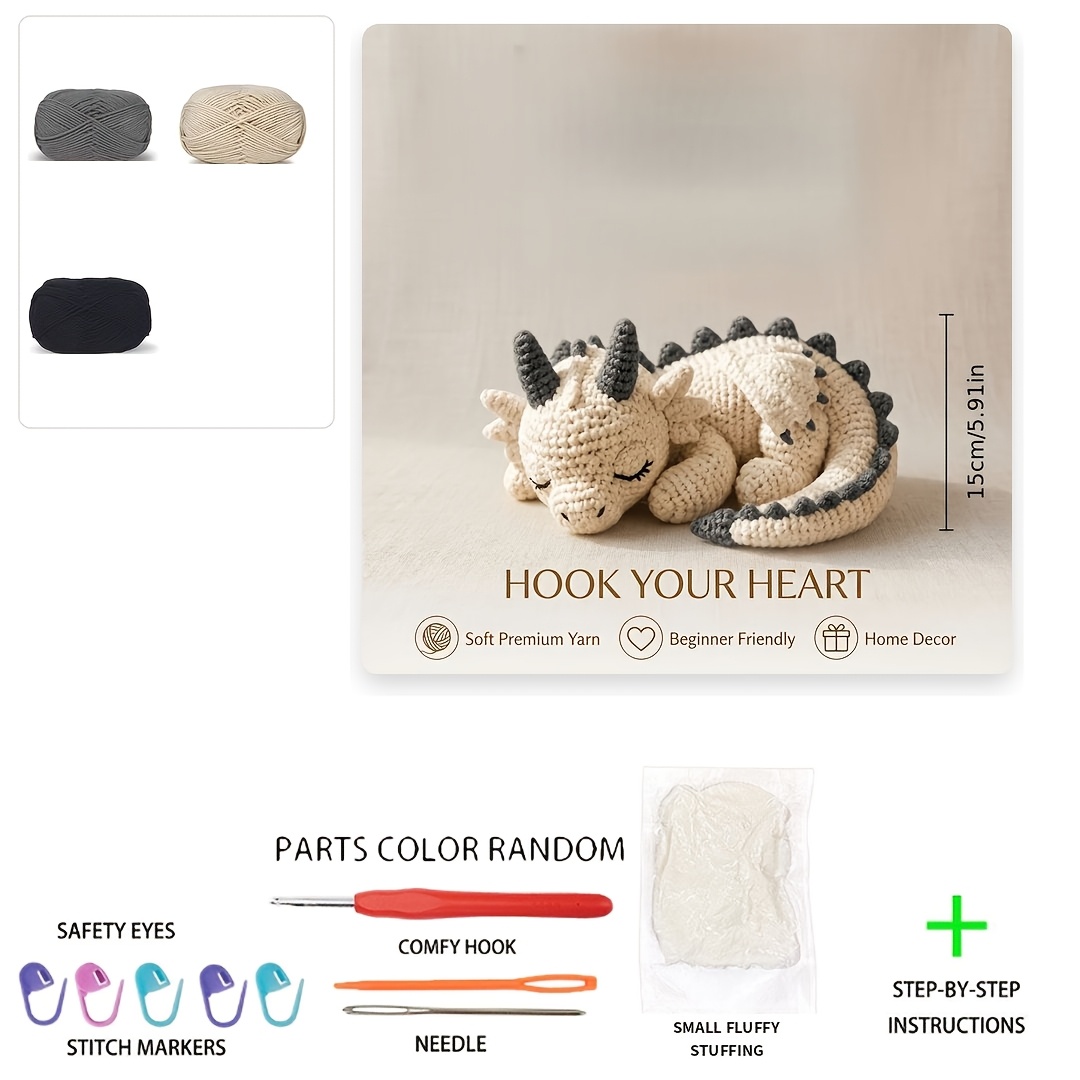 TEMU 1 Parure, Kit de Crochet Crème Endormie Bébé Dragon, Bricolage Crochet pour Adulte (produit non , nécessite du à ) - Kit Amigurumi au Crochet -